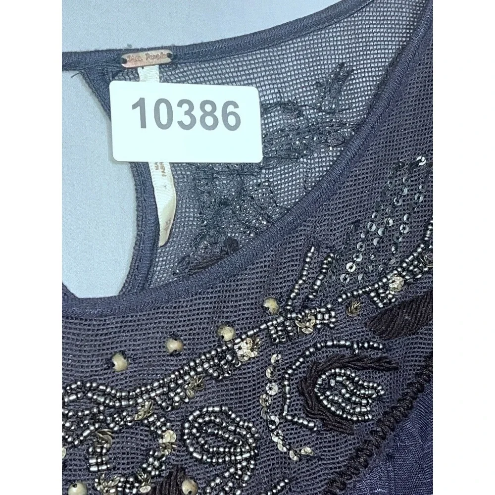 Free People Navy Blue Beaded Sequin Mesh Yoke Long Sleeve Flowy Blouse XS Boho